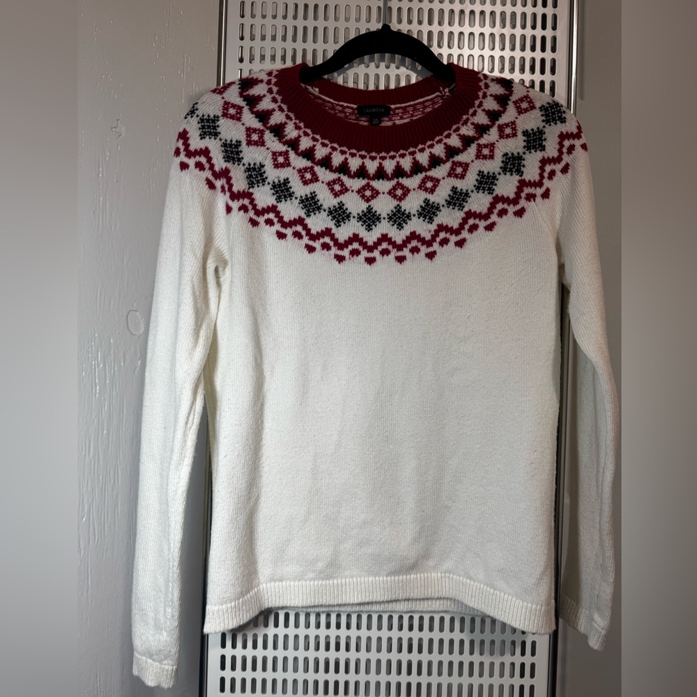Talbots White Sweater with Red and Black Pattern